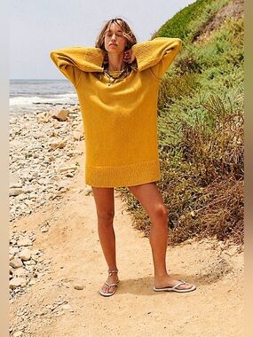 Free People Beach Melanie Golden Mustard Oversized Boho Sweater Tunic Size XS